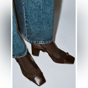 Zara Dark Brown Suede Buckle Block Heel Slingback Shoe NWT Size 7.5